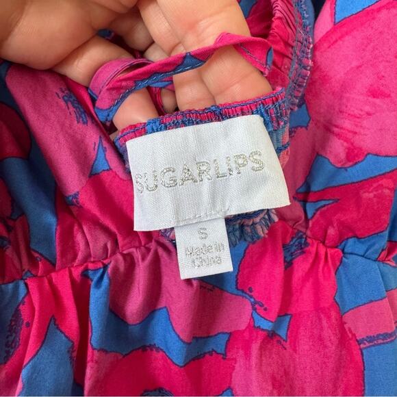 Sugarlips Pink and Blue Floral Yeraldi Berry Fiora Ruffle Open Back Midi Dress S - Picture 10 of 11